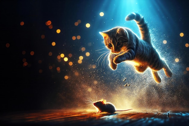 Photo a cat is leaping into air to catch a mouse