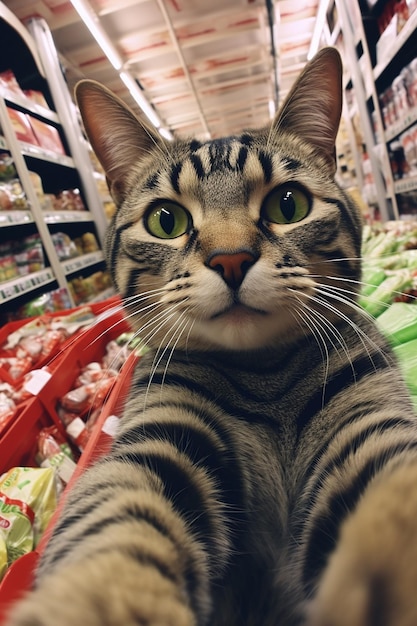 猫が食料品店でカメラを見つめています。