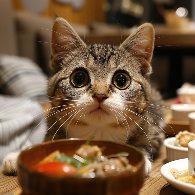 a cat is looking at the camera while sitting at a table with food