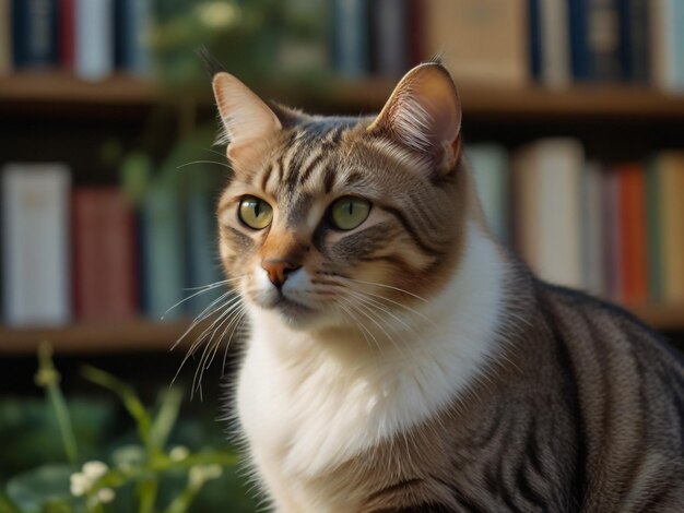 Photo a cat is looking at the camera with a book shelf behind it