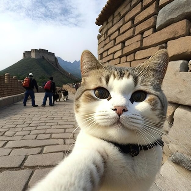 a cat is looking at the camera with people walking around it