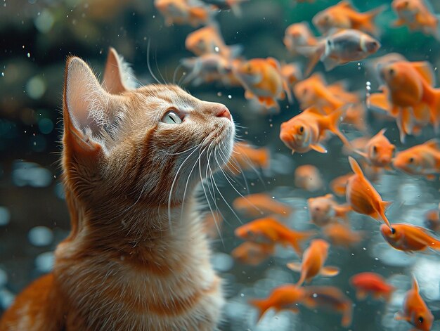 Premium Photo | A cat is looking at fish in an aquarium