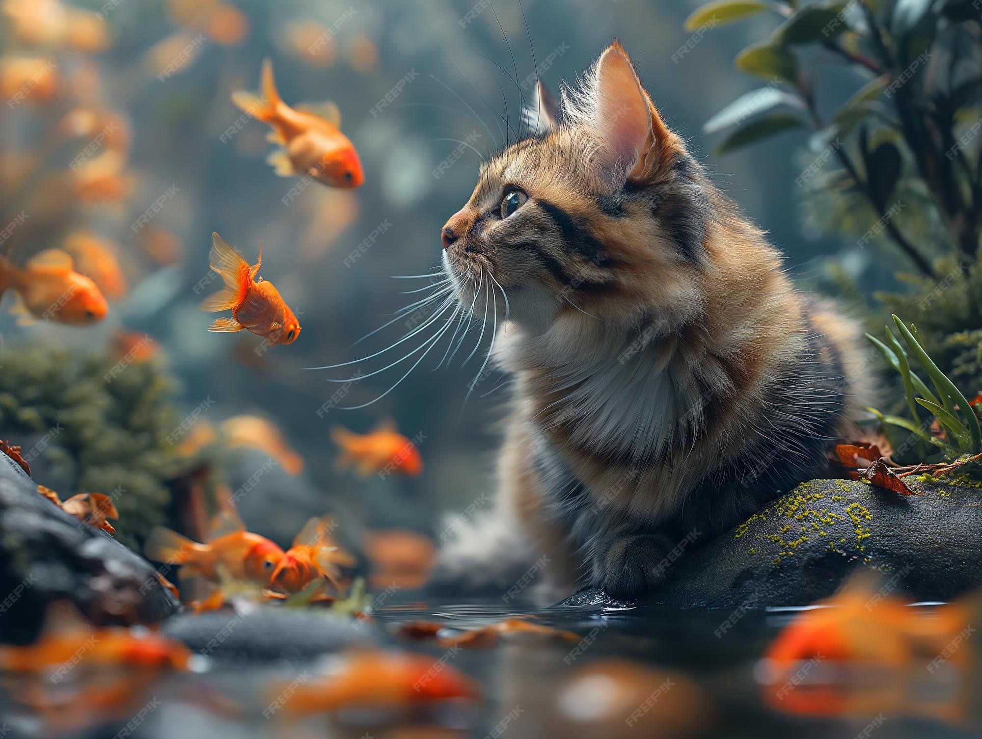 Premium AI Image | A cat is looking at fish in an aquarium