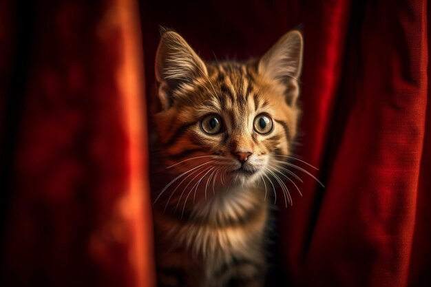 A cat is looking out of a red curtain.