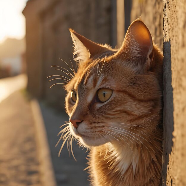 猫が壁から外を眺めている