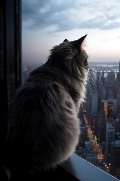 A cat is looking out of a window at a cityscape