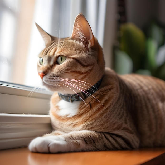 A cat is looking out a window and looking out the window.