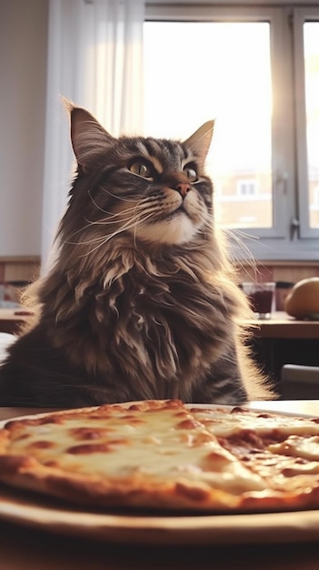 A cat is looking at a pizza on a table.