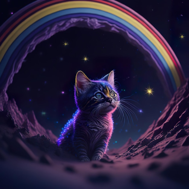 A cat is looking at a rainbow in the sky.