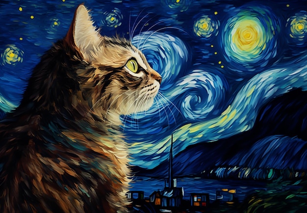고양이가 별이 빛나는 밤하늘을 보고 있어요.
