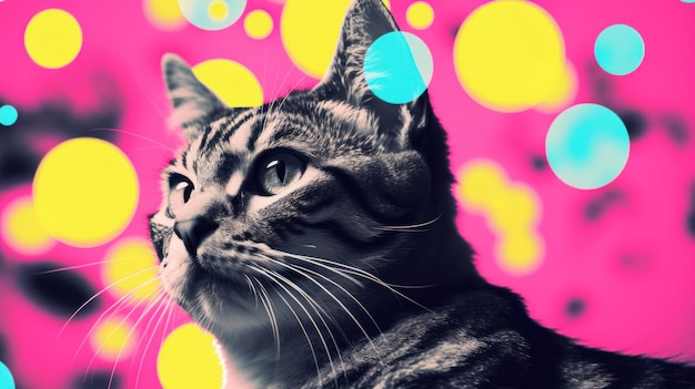 A cat is looking up at the camera with colorful dots ai