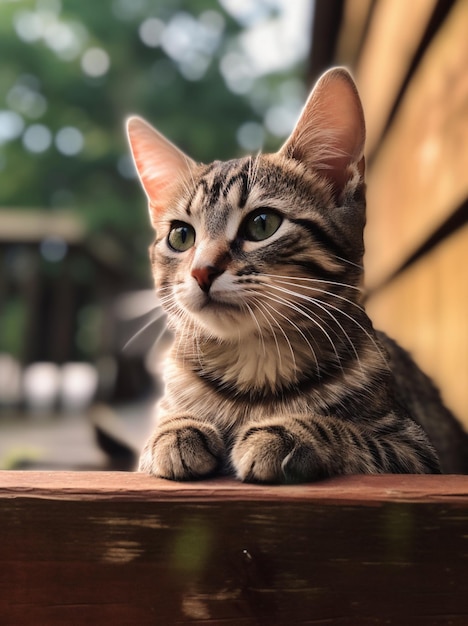 A cat is looking up at the camera.