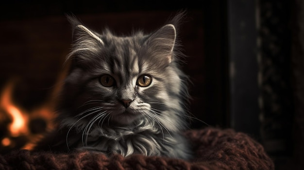 A cat is lying on a blanket in the dark