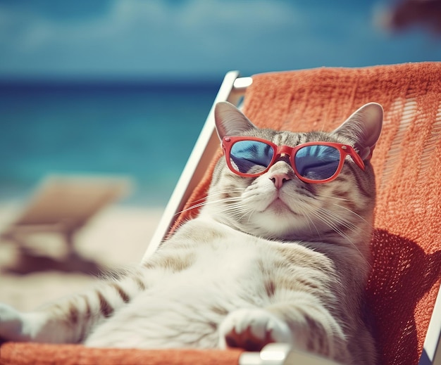 a cat is lying on a chaise longue on the beach