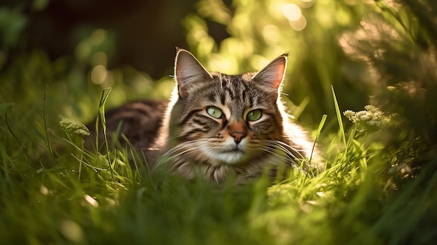 太陽が彼の後ろに輝いていると猫が草の上に横たわっています