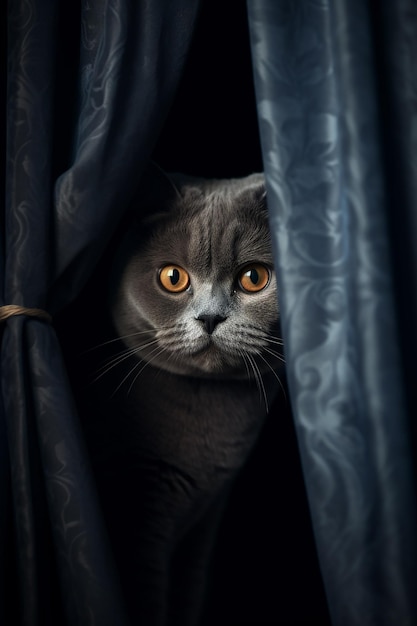 A cat is peeking out of a blue curtain.