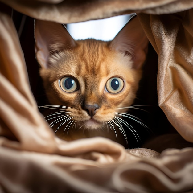 a cat is peeking out from under a brown blanket