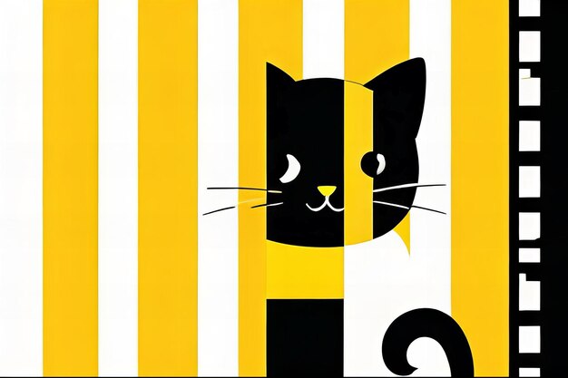 Photo cat is peeking out from behind a yellow and black striped curtain