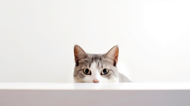 A cat is peeking over a white surface.