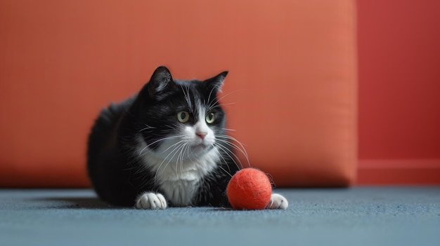 Кошка играет с мячом в гостиной. Кошка играется с игрушкой.