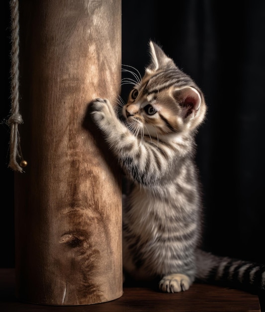 A cat is playing with a rope and the word cat on it