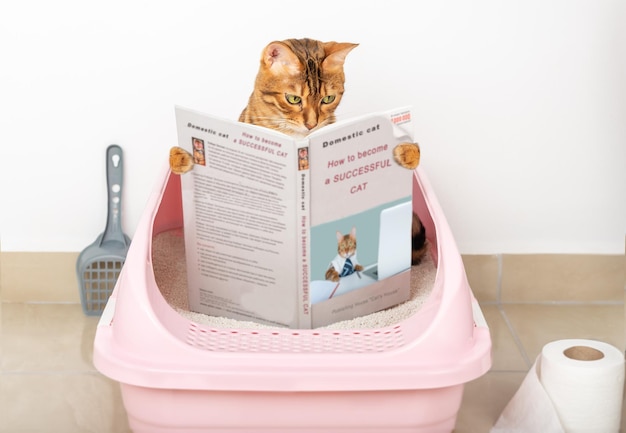 The cat is reading a book about successful cats while sitting\
on a cat litter box