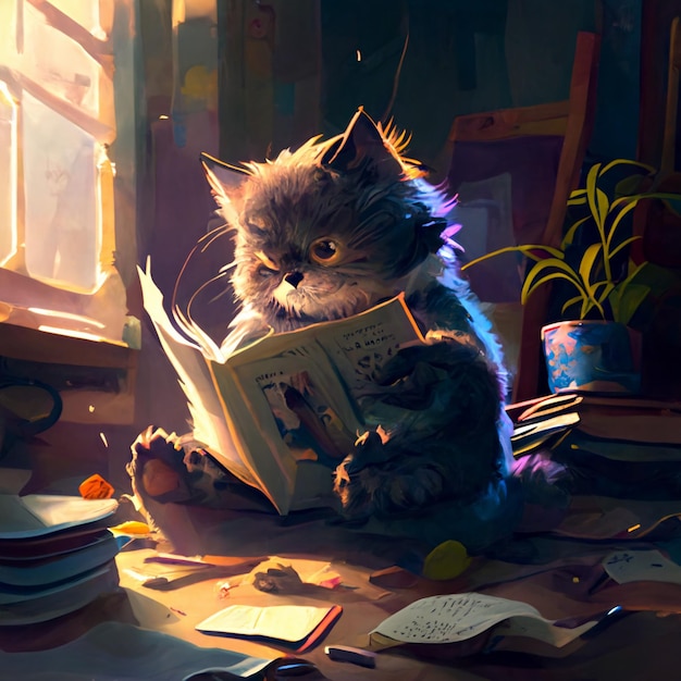 A cat is reading a book by the window.