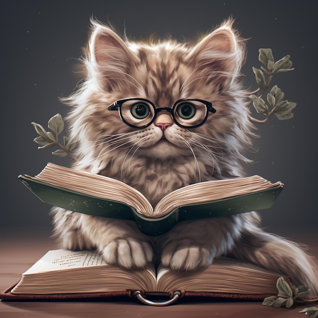 A cat is reading a book with a green leaf on the cover.