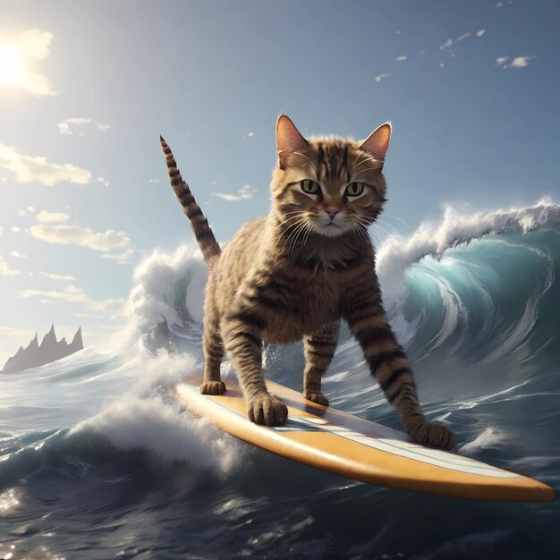 Photo a cat is riding a surfboard in the water