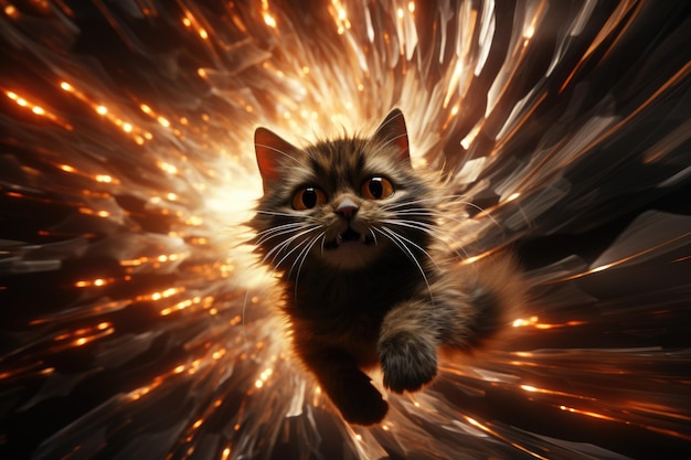 A cat is running through a fire ball ai