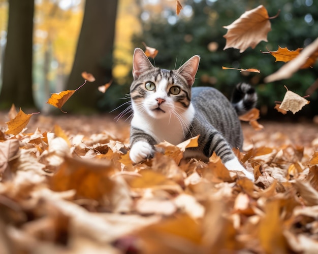 a cat is running through the leaves in the fall