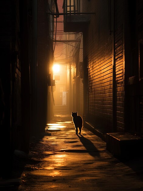 a cat is silhouetted against a wall in a dark alley