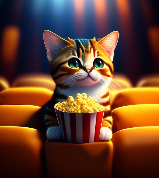 A cat is sitting in an auditorium and eating popcorn.