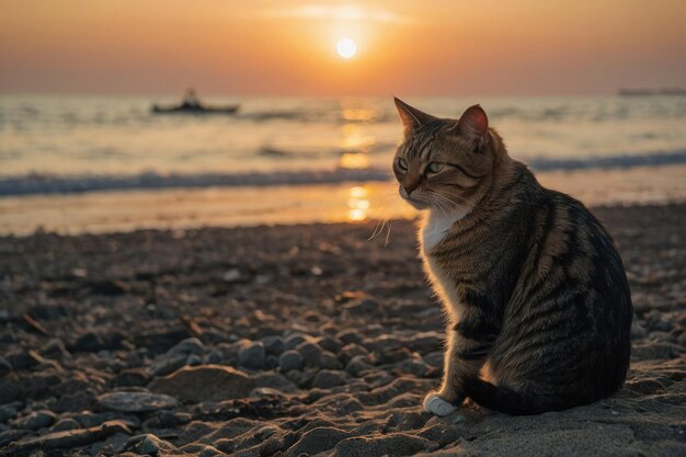 夕暮れのビーチに猫が座っている