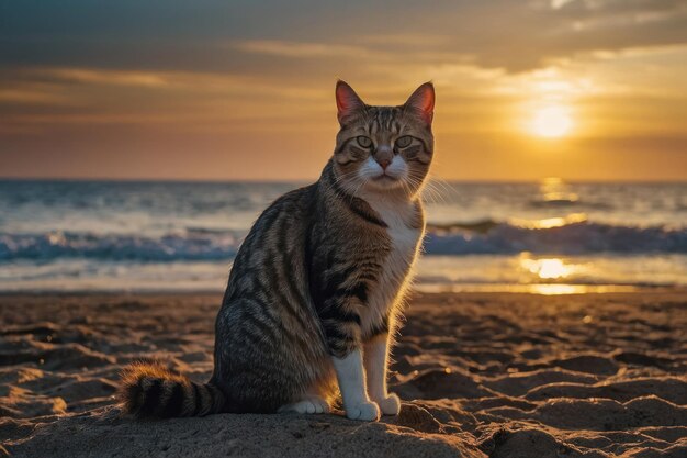 夕暮れのビーチに猫が座っている