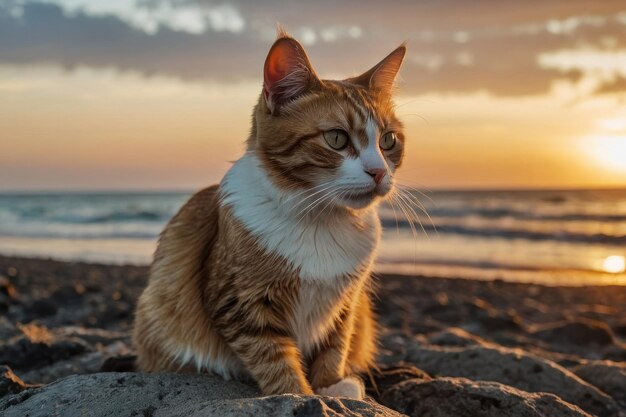 夕暮れのビーチに猫が座っている