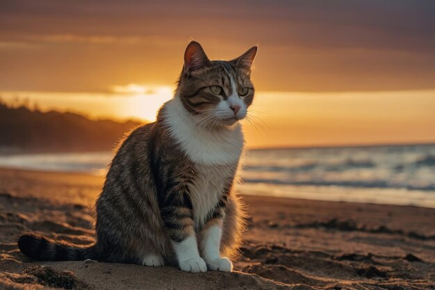 夕暮れのビーチに猫が座っている