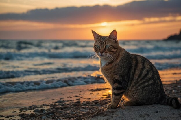 夕暮れのビーチに猫が座っている