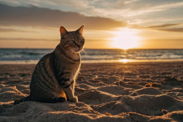 Photo a cat is sitting on the beach at sunset