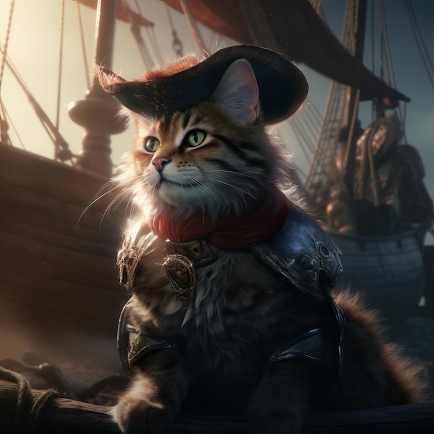 A cat is sitting on a boat with a pirate hat.