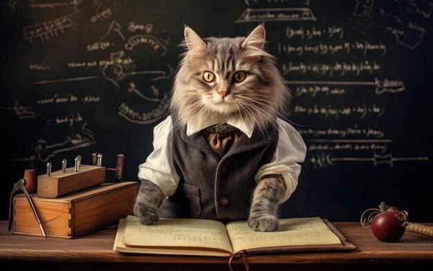 a cat is sitting on a book with a book in front of him