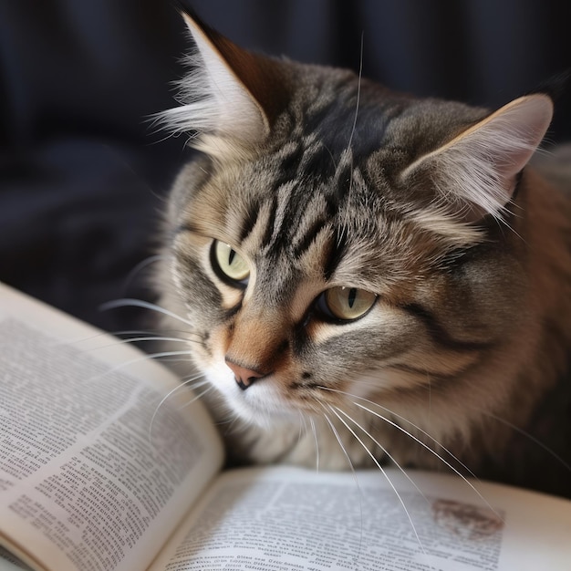 A cat is sitting next to a book