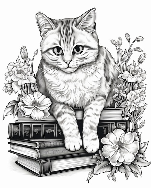 Кошка сидит на книжной полке с цветами