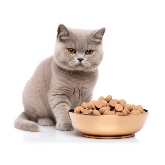 A cat is sitting next to a bowl of food.