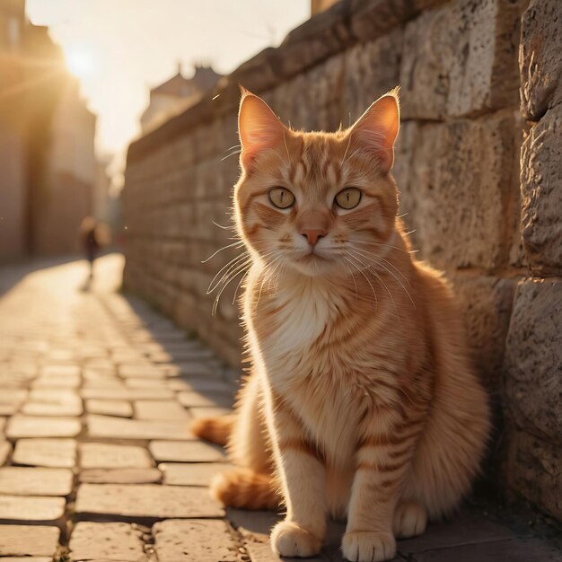 猫が太陽の下でレンガの歩道に座っている