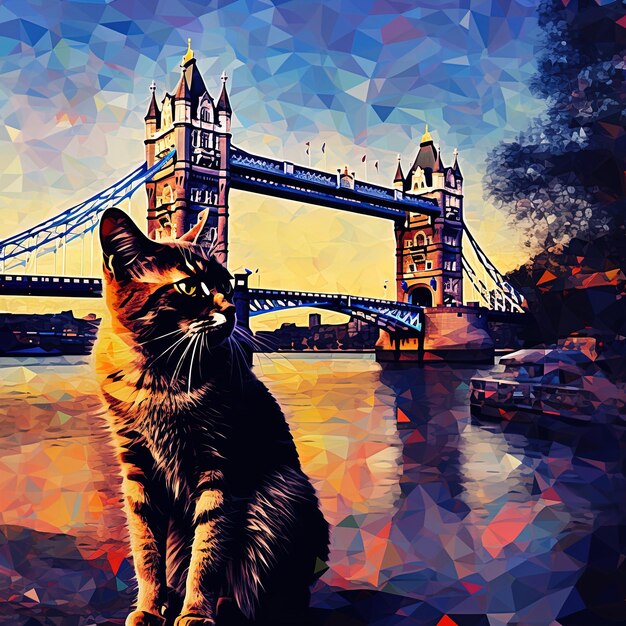 a cat is sitting by a bridge that says london