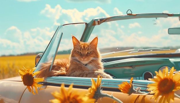 Photo a cat is sitting in a car with sunflowers in the background
