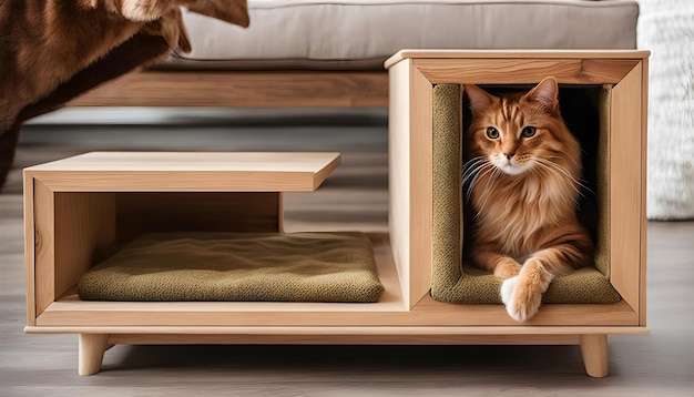 Photo a cat is sitting in a cat bed that is on a shelf