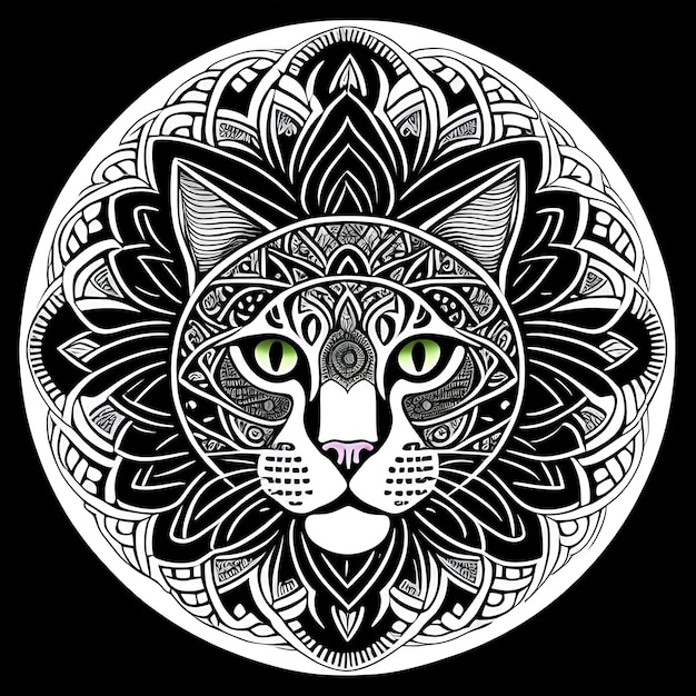 Photo a cat is sitting in a circle with a pattern in the middle coloring page mandala cat coloring page