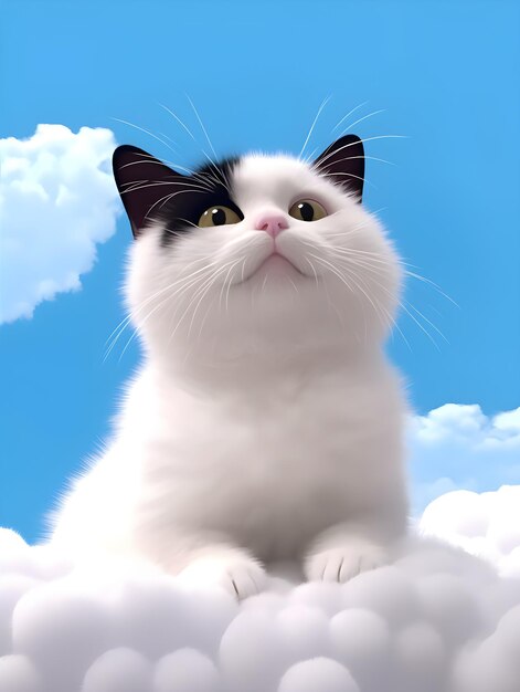 A cat is sitting on a cloud with the sky in the background